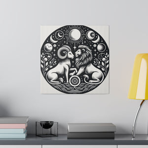 Celestial Harmony Lion and Ram Illustration Art on Matte Canvas - Stretched 0.75 Inch Frame