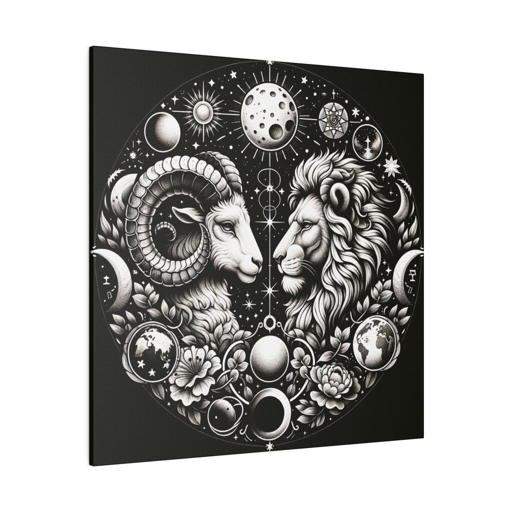 Celestial Zodiac Aries and Leo Black and White Artwork on Matte Canvas, Stretched 0.75 Inch