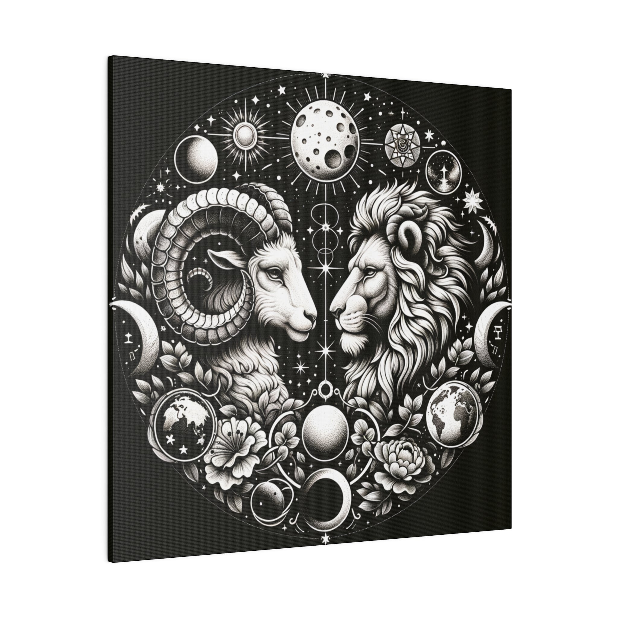 Celestial Zodiac Aries and Leo Black and White Artwork on Matte Canvas, Stretched 0.75 Inch