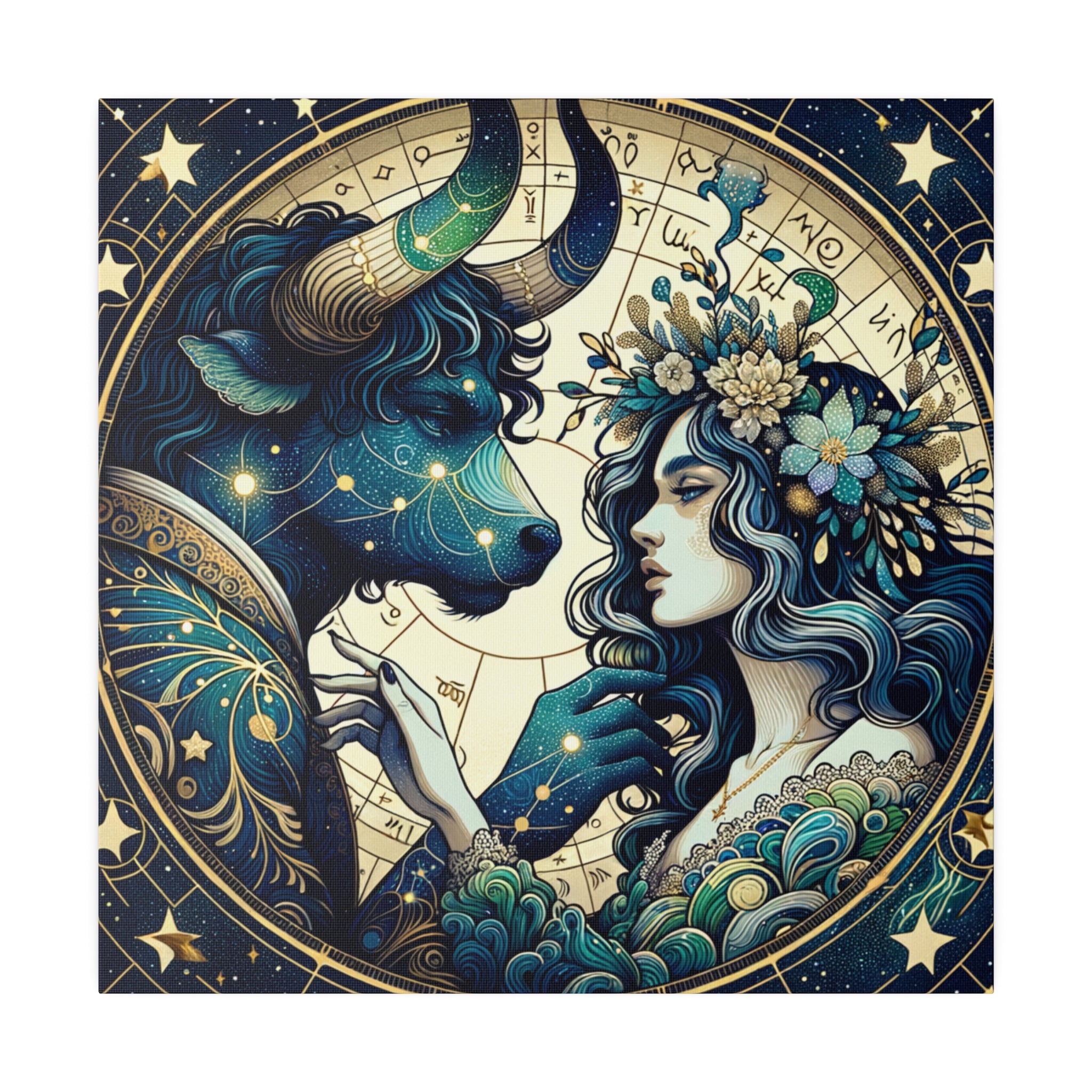 Celestial Zodiac Taurus and Woman Artwork Matte Canvas Print - Stretched 0.75 Inch Frame