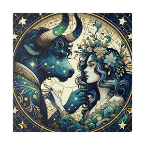 Celestial Zodiac Taurus and Woman Artwork Matte Canvas Print - Stretched 0.75 Inch Frame