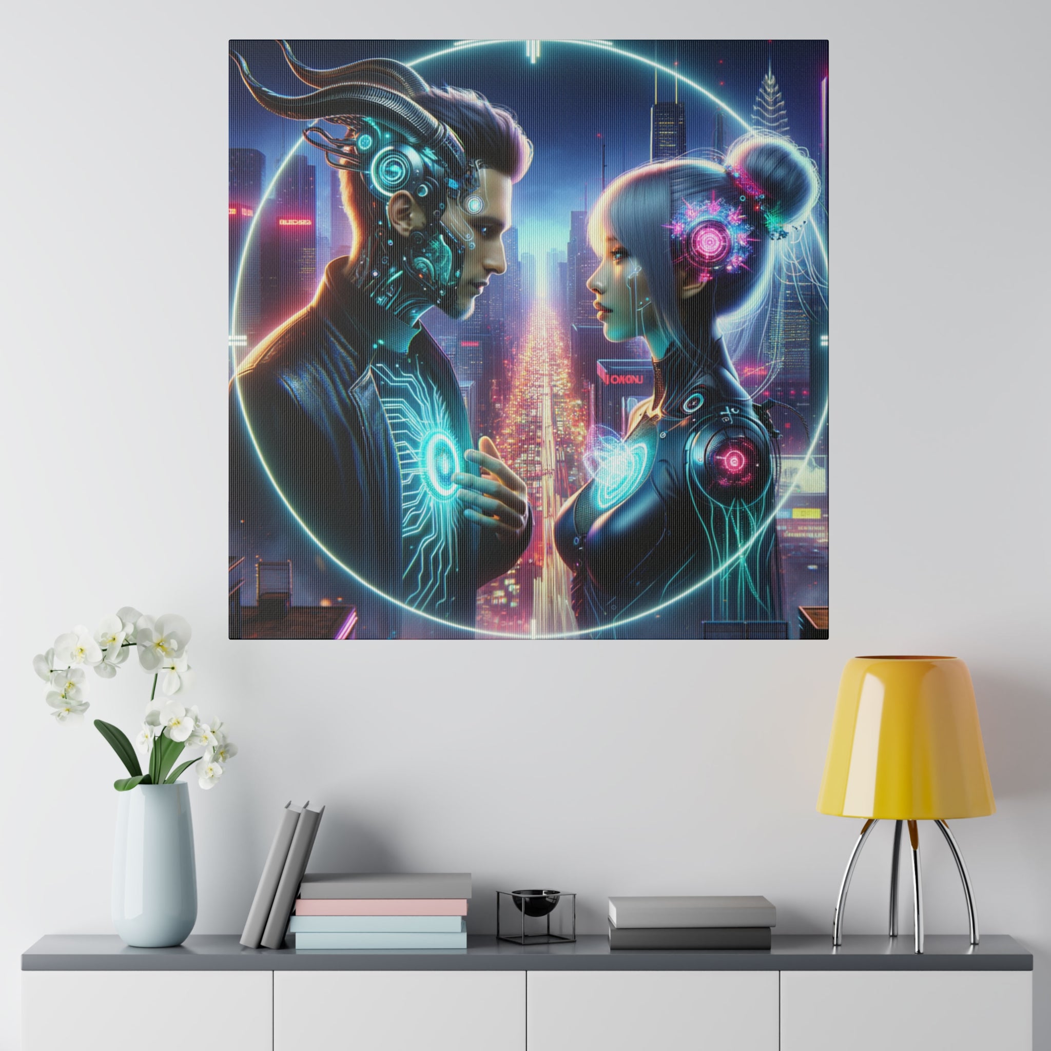 Cybernetic Encounter Matte Canvas Art - Futuristic Cityscape with Advanced Humanoids - Stretched 0.75 Inch Frame