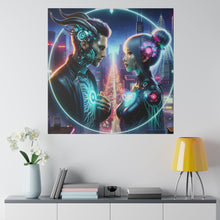 Load image into Gallery viewer, Cybernetic Encounter Matte Canvas Art - Futuristic Cityscape with Advanced Humanoids - Stretched 0.75 Inch Frame
