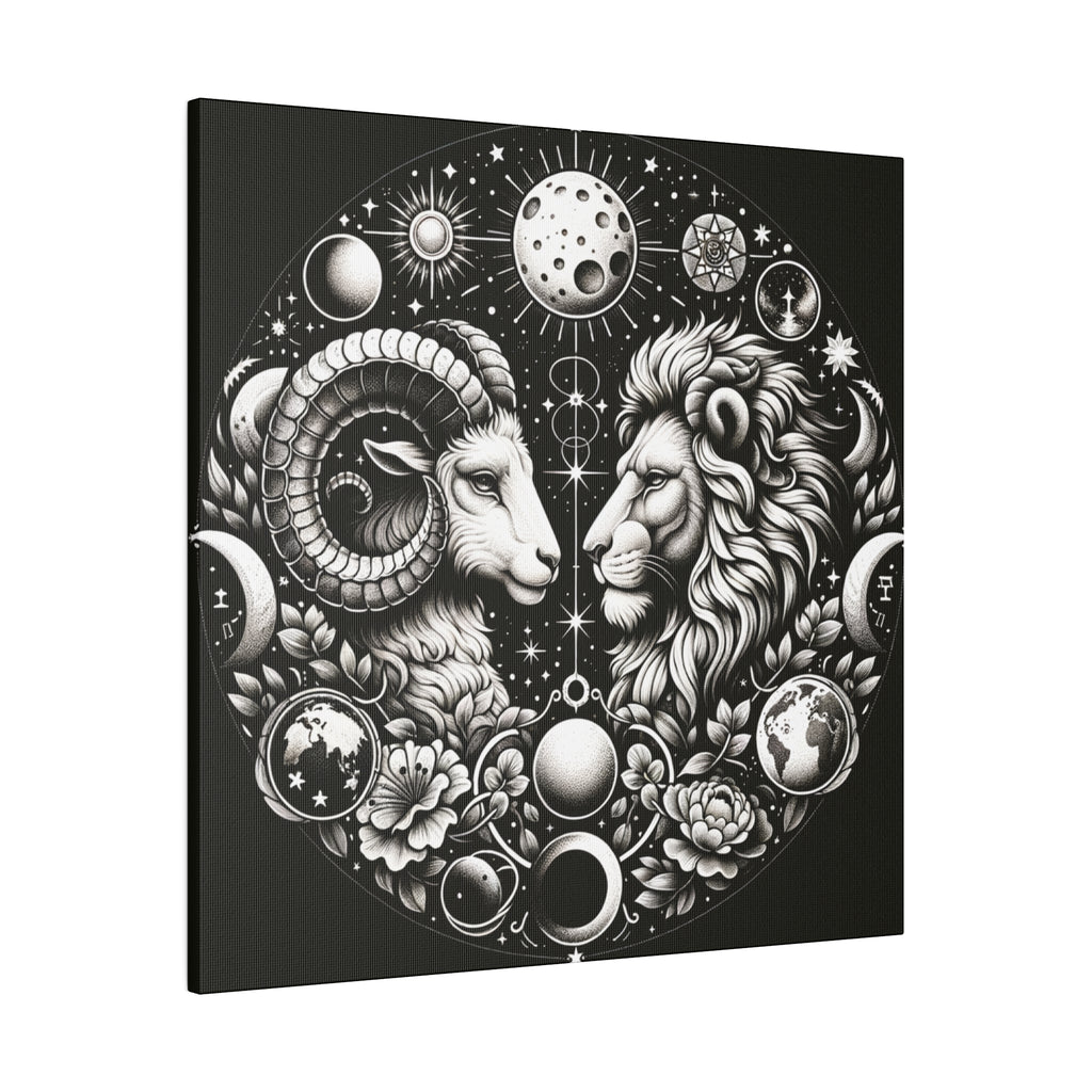 Celestial Zodiac Aries and Leo Black and White Artwork on Matte Canvas, Stretched 0.75 Inch