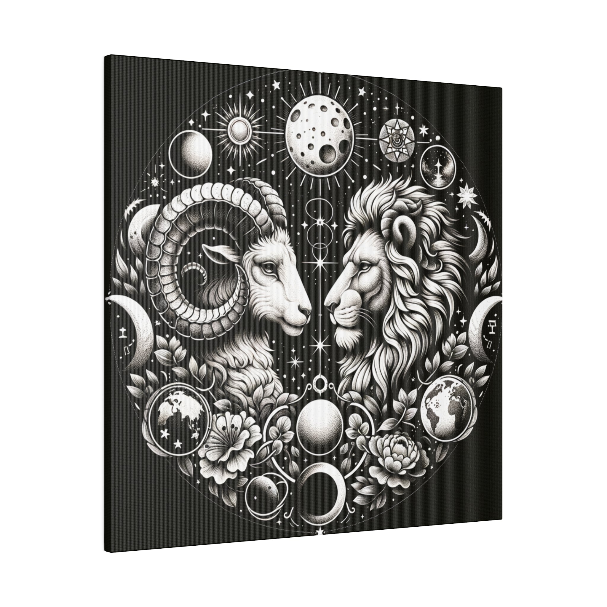 Celestial Zodiac Aries and Leo Black and White Artwork on Matte Canvas, Stretched 0.75 Inch