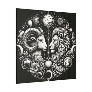 Celestial Zodiac Aries and Leo Black and White Artwork on Matte Canvas, Stretched 0.75 Inch