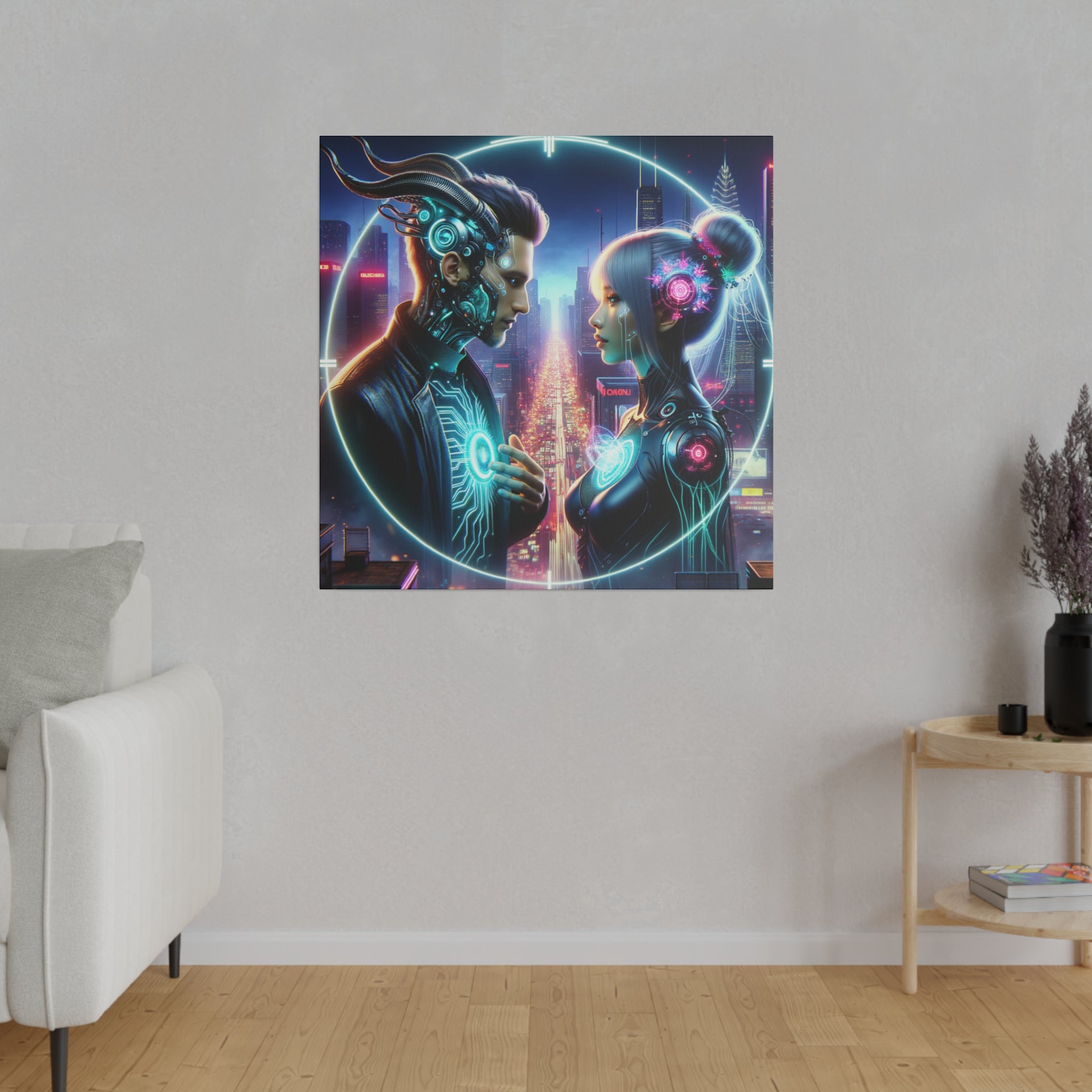 Cybernetic Encounter Matte Canvas Art - Futuristic Cityscape with Advanced Humanoids - Stretched 0.75 Inch Frame
