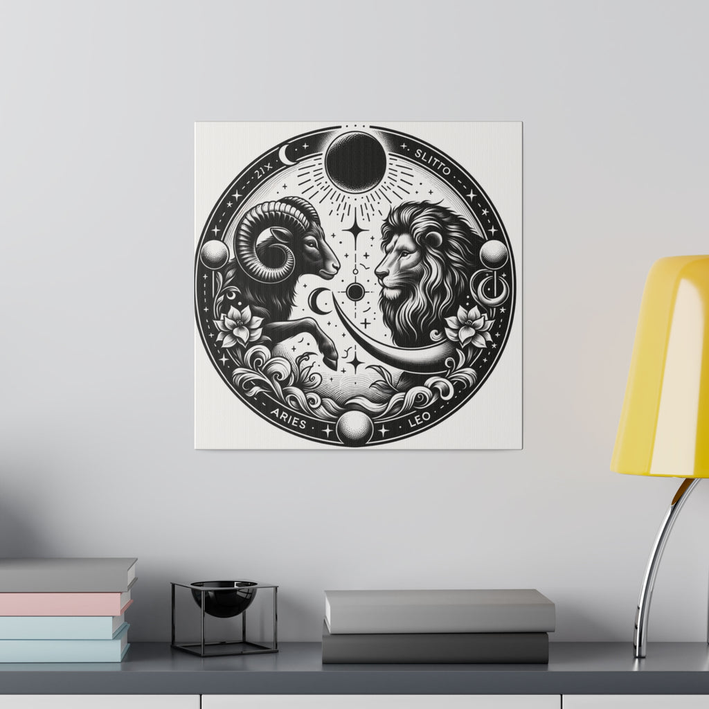Zodiac Harmony Aries and Leo Black and White Art Matte Canvas Print - Stretched 0.75 Inch