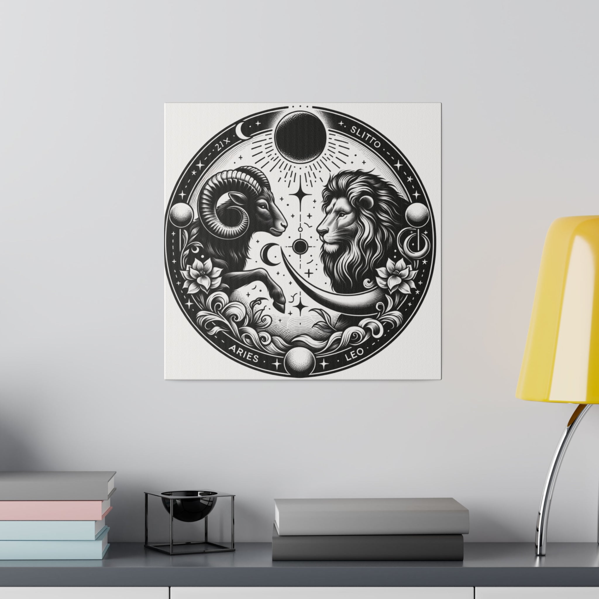 Zodiac Harmony Aries and Leo Black and White Art Matte Canvas Print - Stretched 0.75 Inch