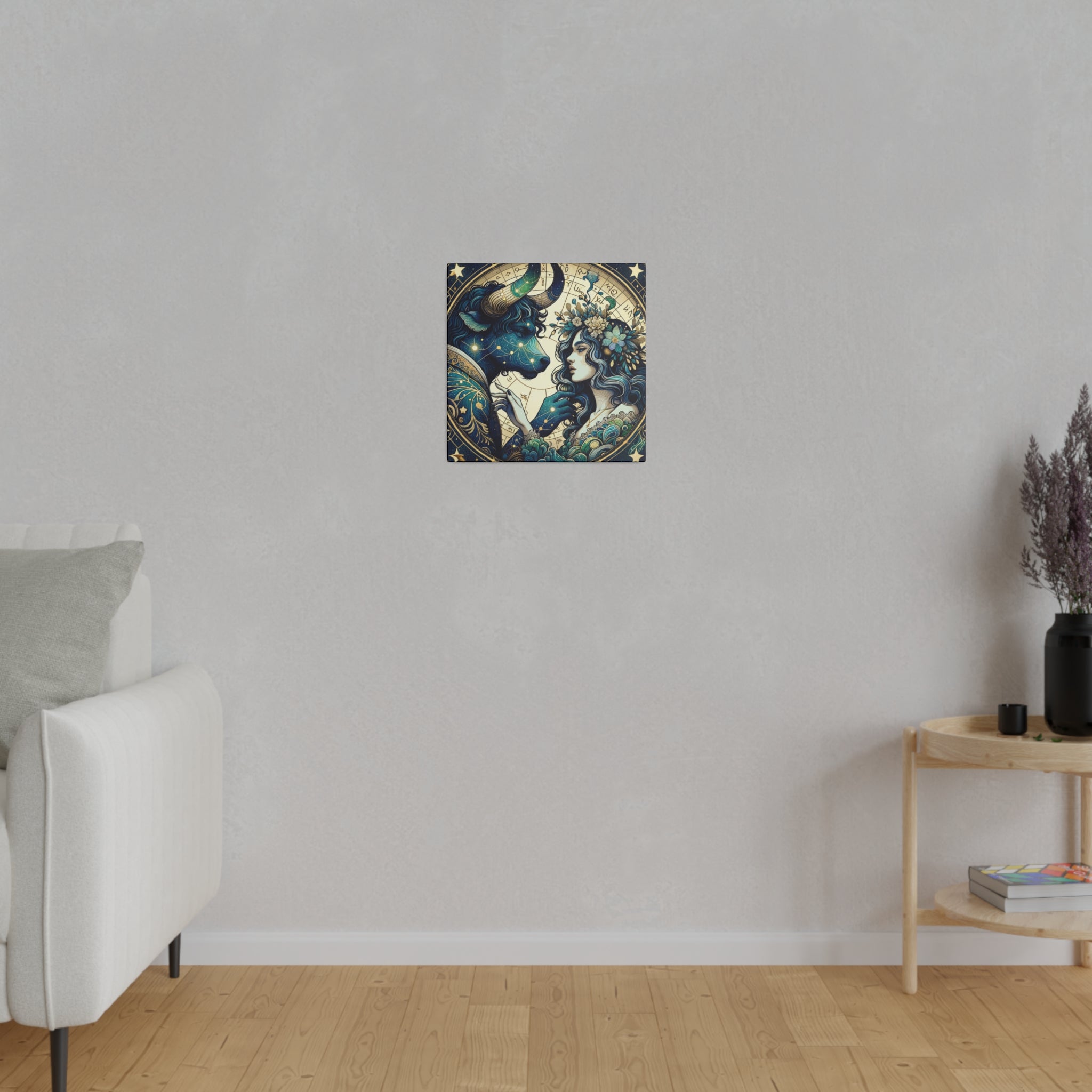 Celestial Zodiac Taurus and Woman Artwork Matte Canvas Print - Stretched 0.75 Inch Frame