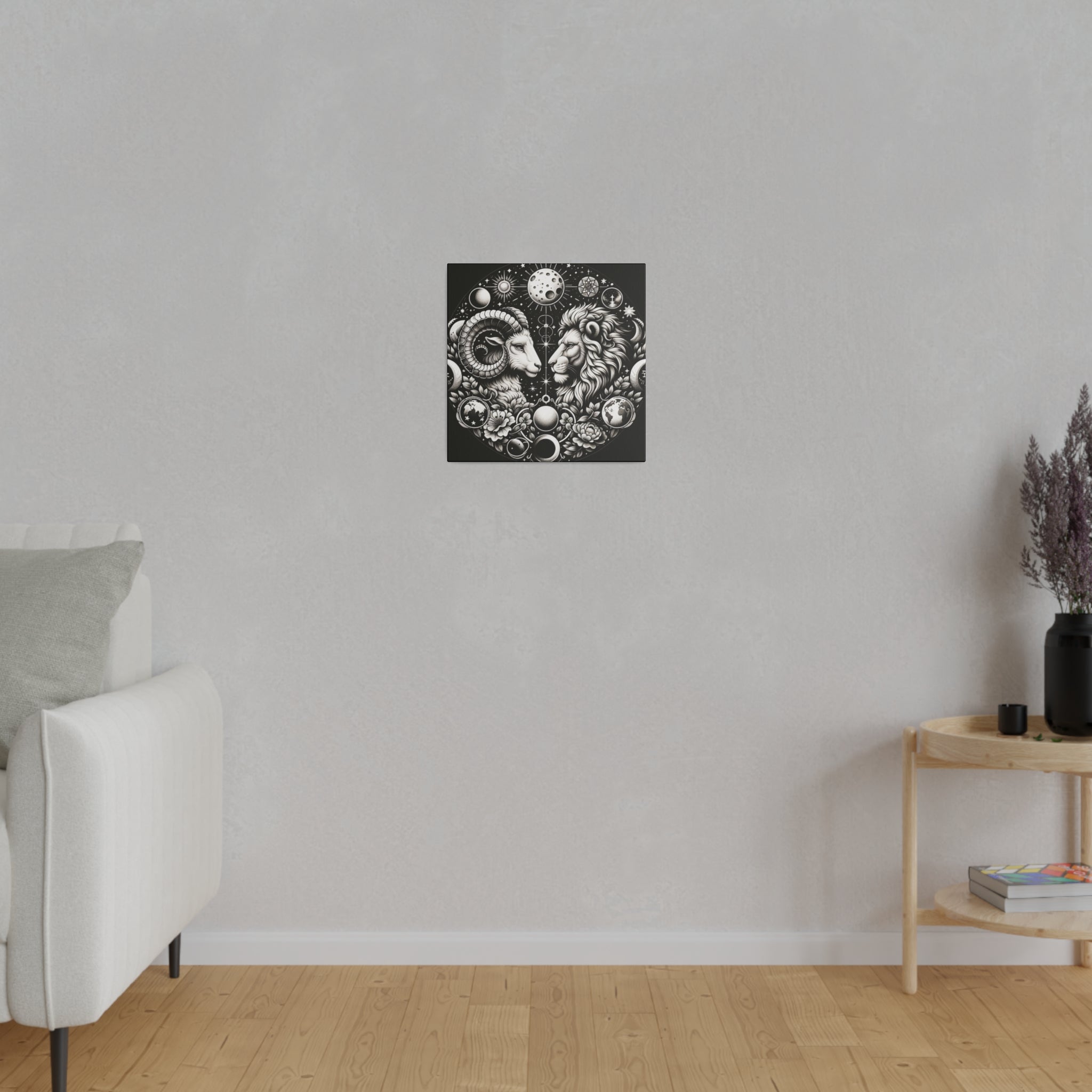 Celestial Zodiac Aries and Leo Black and White Artwork on Matte Canvas, Stretched 0.75 Inch