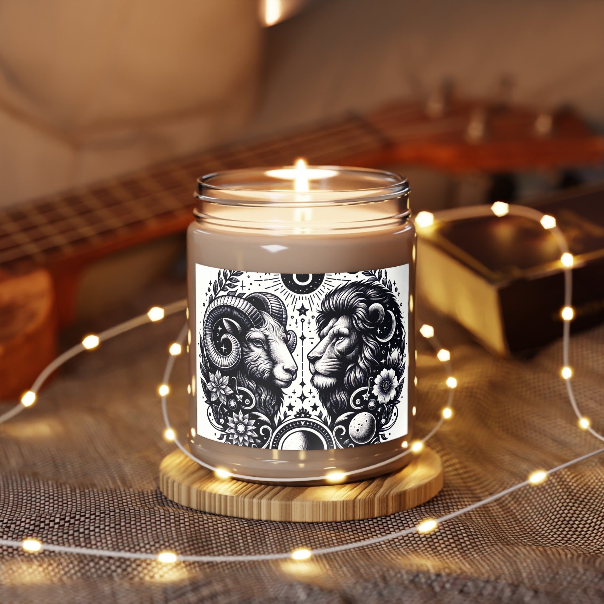 Cosmic Balance Aromatherapy Soy Candle - 9 oz Zodiac Essence with Celestial Lion and Ram Design