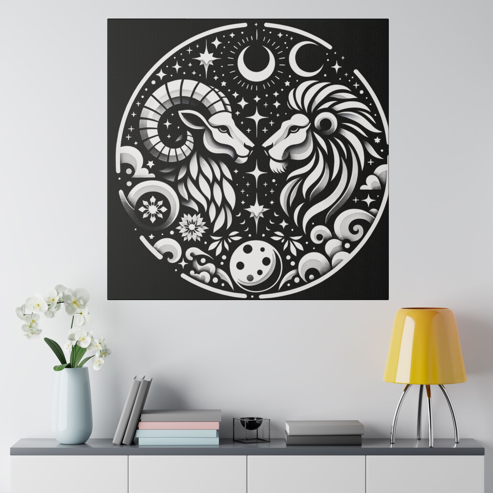 Celestial Zodiac Harmony Matte Canvas Art - Aries and Leo Constellation Design Stretched on 0.75 Inch Frame