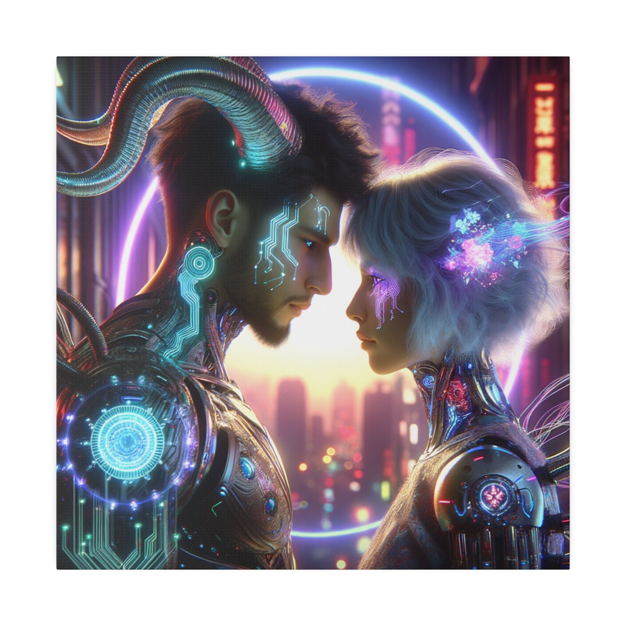 Cybernetic Embrace - Futuristic Love Canvas Art Print