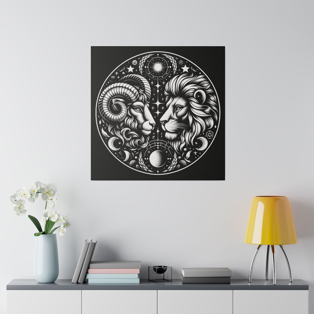 Astrological Aries and Leo Black and White Artwork on Matte Canvas, Stretched 0.75 Inch Frame