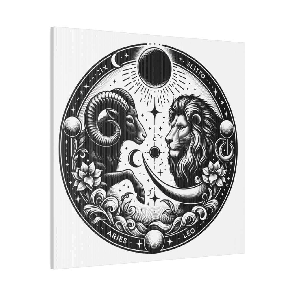Zodiac Harmony Aries and Leo Black and White Art Matte Canvas Print - Stretched 0.75 Inch