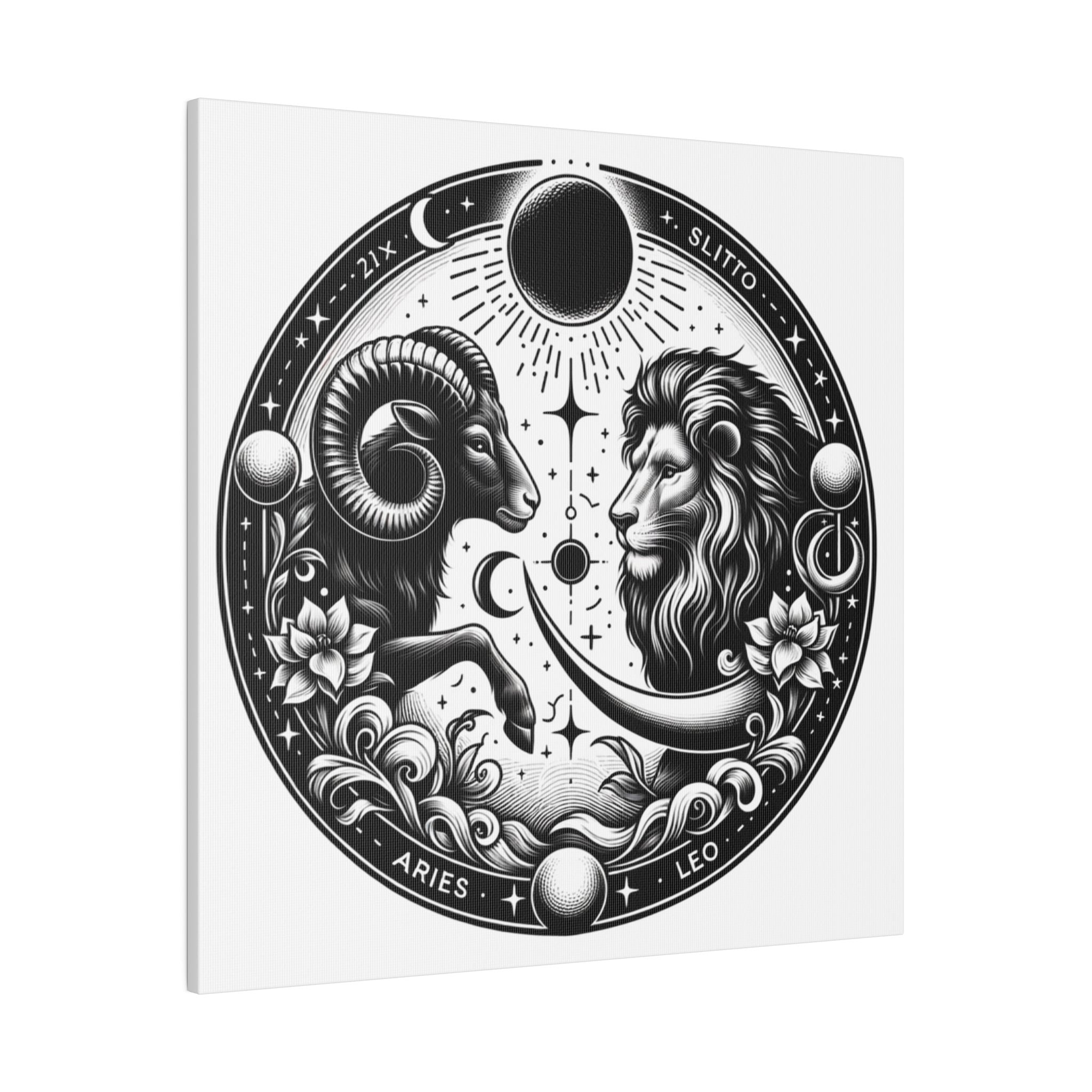 Zodiac Harmony Aries and Leo Black and White Art Matte Canvas Print - Stretched 0.75 Inch