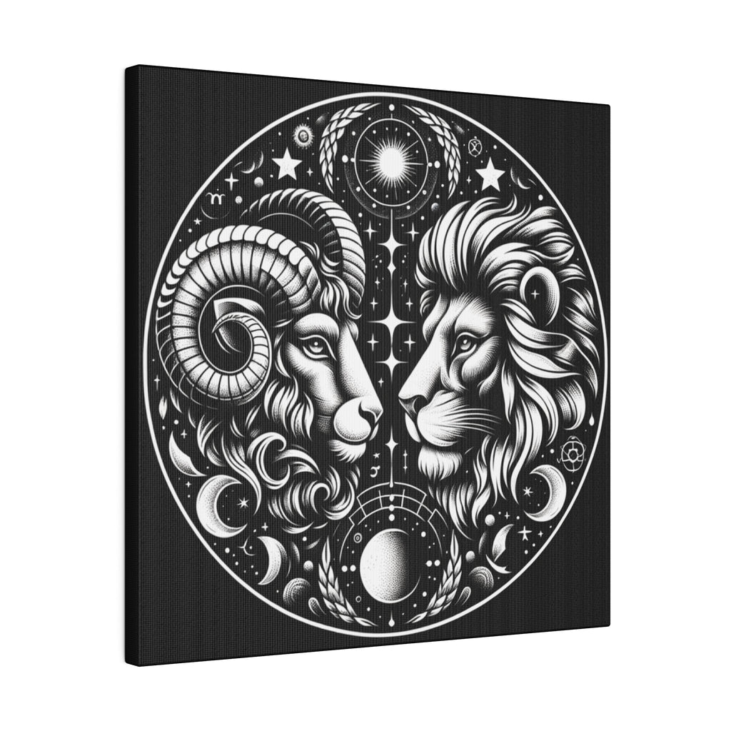 Astrological Aries and Leo Black and White Artwork on Matte Canvas, Stretched 0.75 Inch Frame