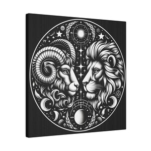 Astrological Aries and Leo Black and White Artwork on Matte Canvas, Stretched 0.75 Inch Frame
