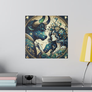 Celestial Zodiac Taurus and Woman Artwork Matte Canvas Print - Stretched 0.75 Inch Frame