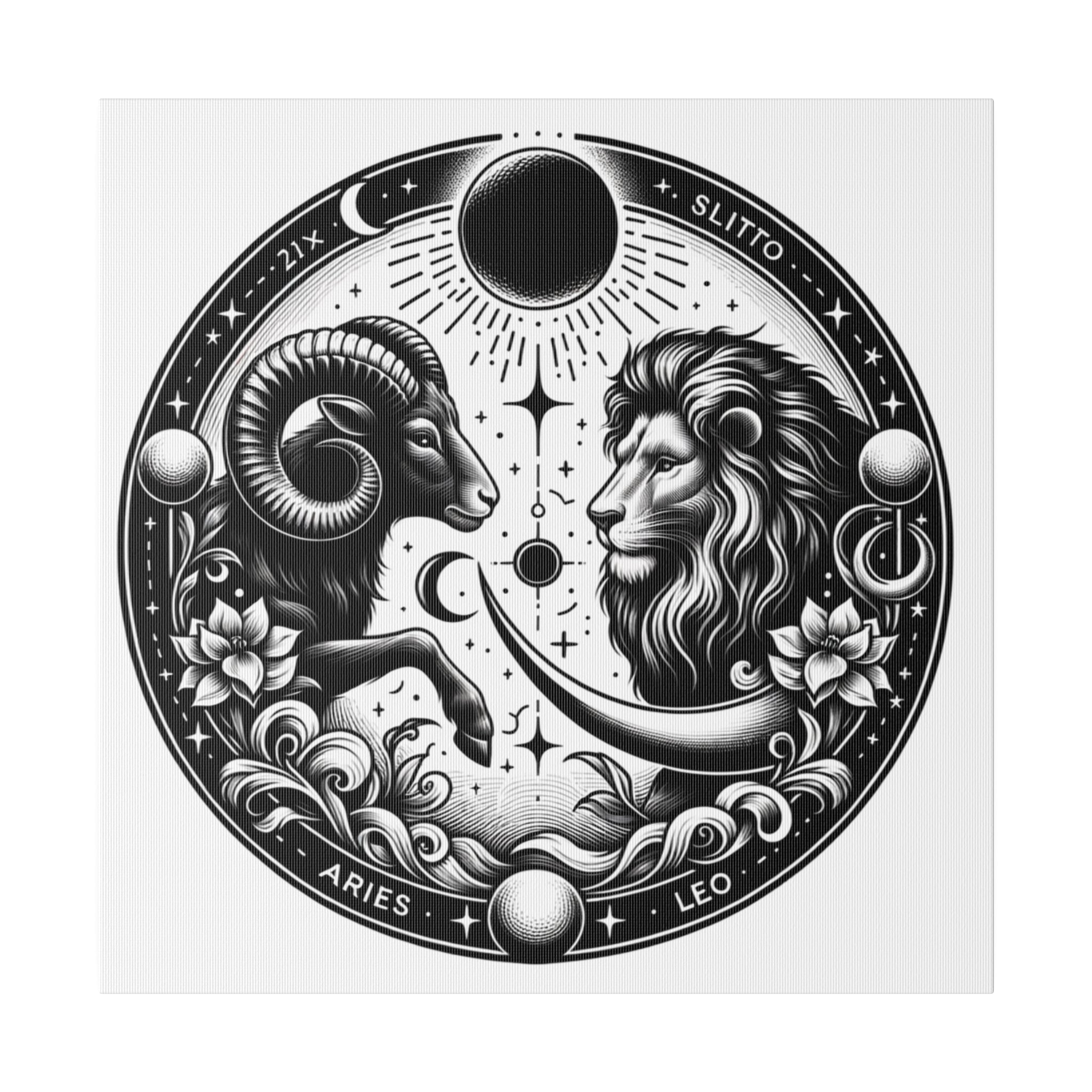 Zodiac Harmony Aries and Leo Black and White Art Matte Canvas Print - Stretched 0.75 Inch