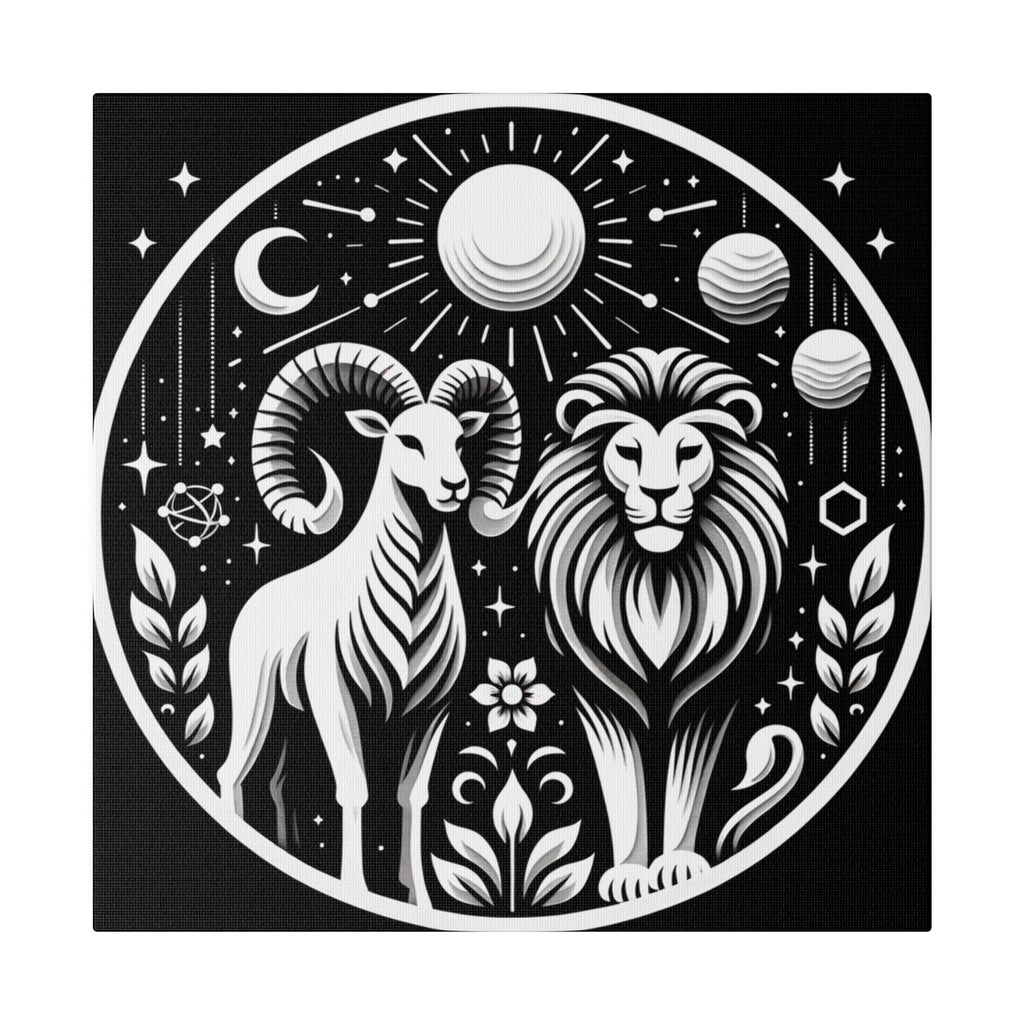 Celestial Zodiac Aries and Leo Black and White Art Matte Canvas Print