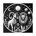 Celestial Zodiac Aries and Leo Black and White Art Matte Canvas Print