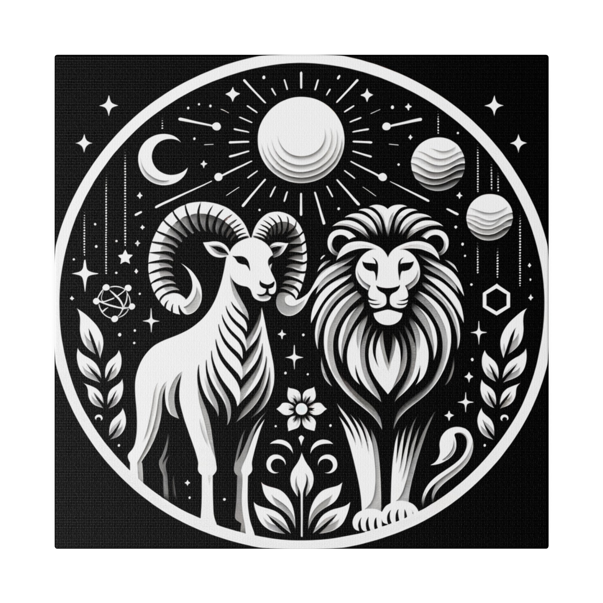 Celestial Zodiac Aries and Leo Black and White Art Matte Canvas Print