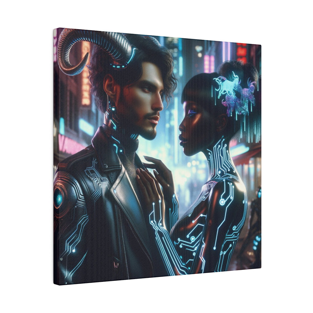 Cybernetic Embrace - Neon Fantasy Art Matte Canvas Print, Stretched 0.75 Inch