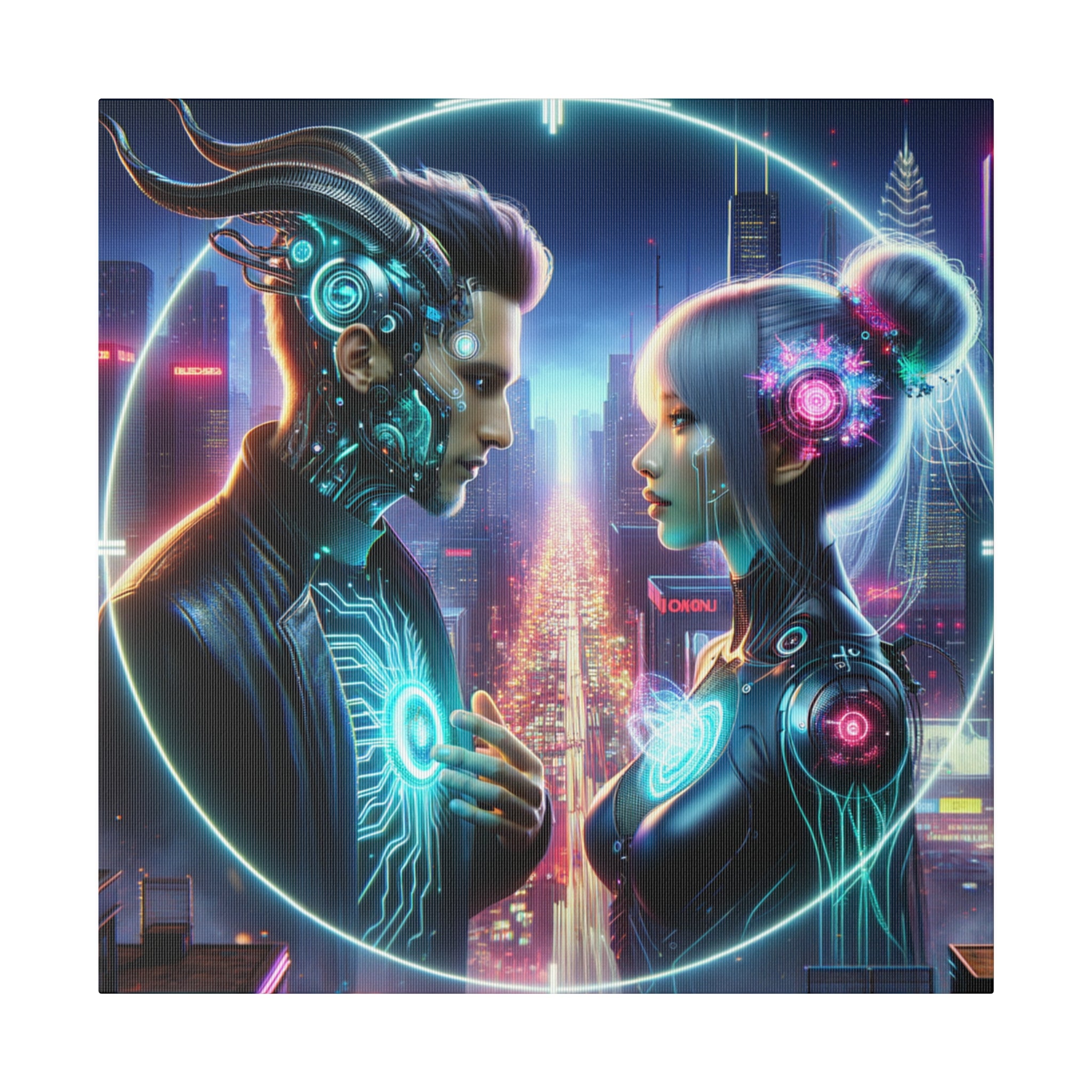 Cybernetic Encounter Matte Canvas Art - Futuristic Cityscape with Advanced Humanoids - Stretched 0.75 Inch Frame