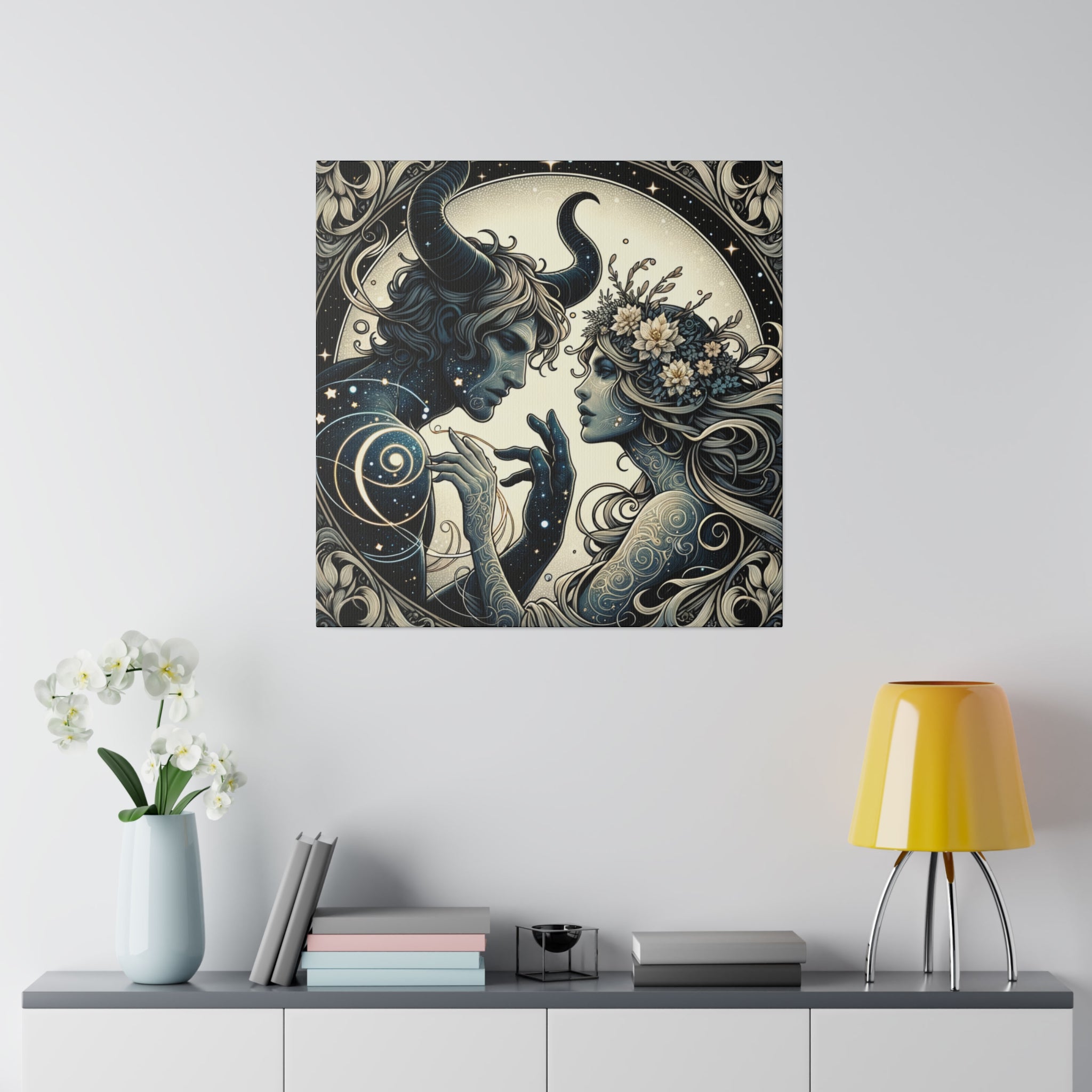 Celestial Embrace Artistic Illustration Matte Canvas Print - Stretched 0.75 Inch Frame