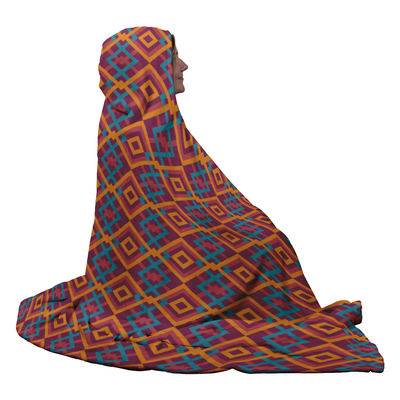 Hooded Microfiber Blanket - Blue / Orange Pattern