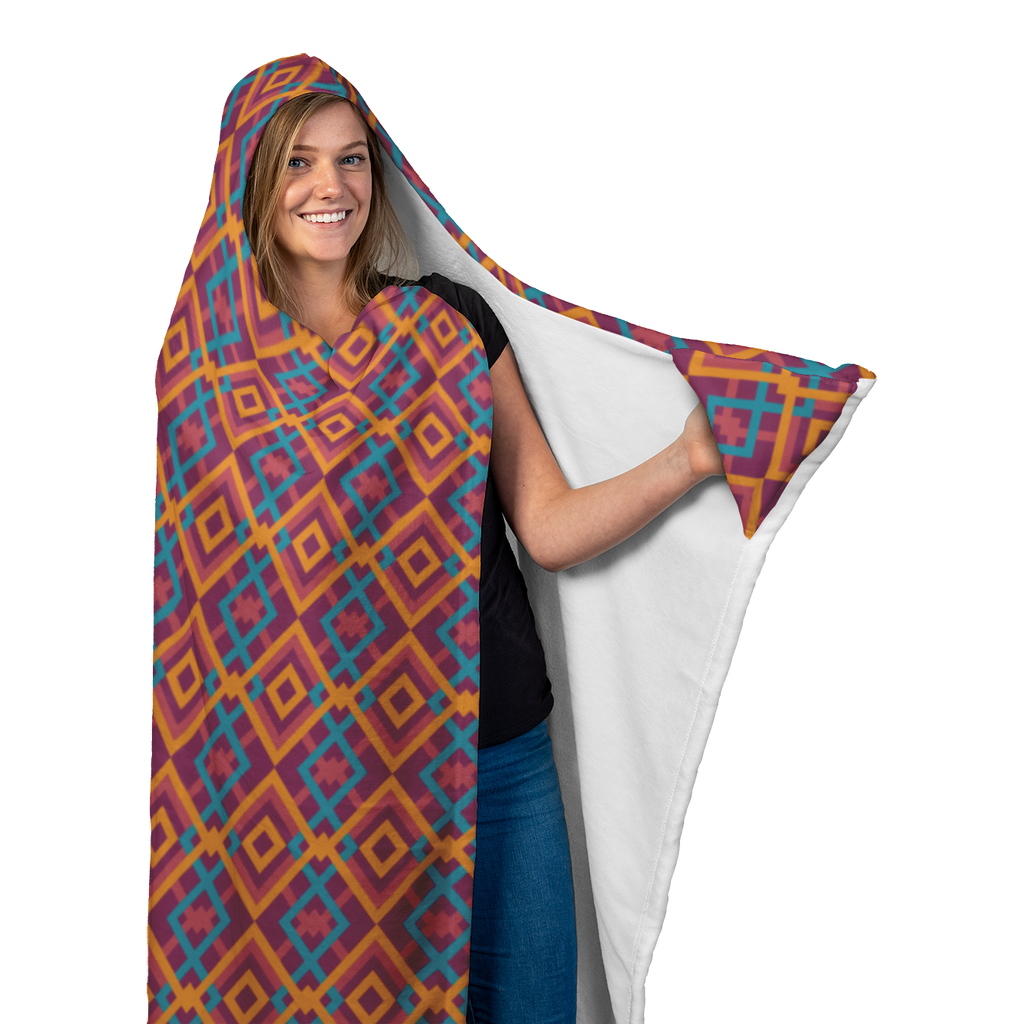 Hooded Microfiber Blanket - Blue / Orange Pattern