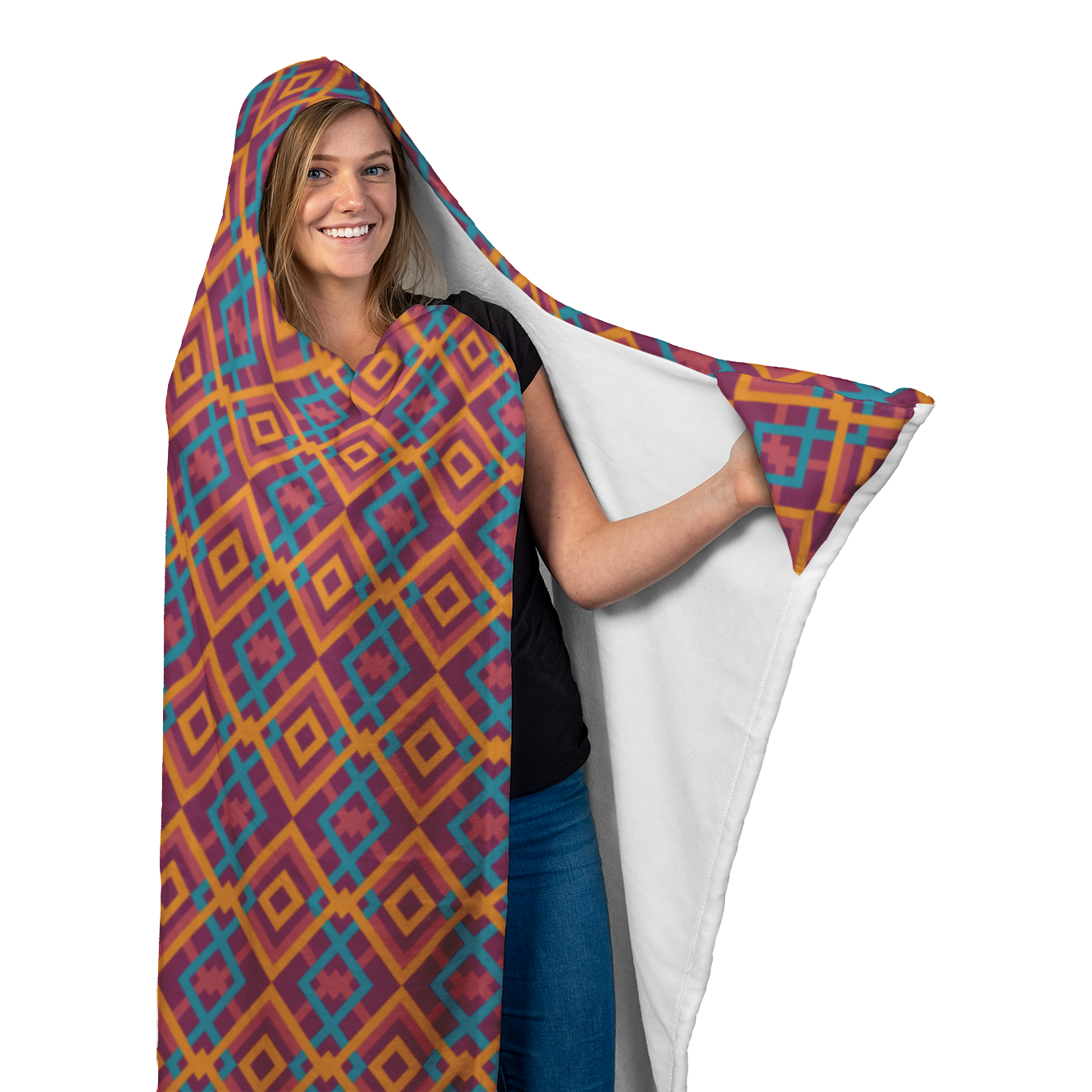 Hooded Microfiber Blanket - Blue / Orange Pattern