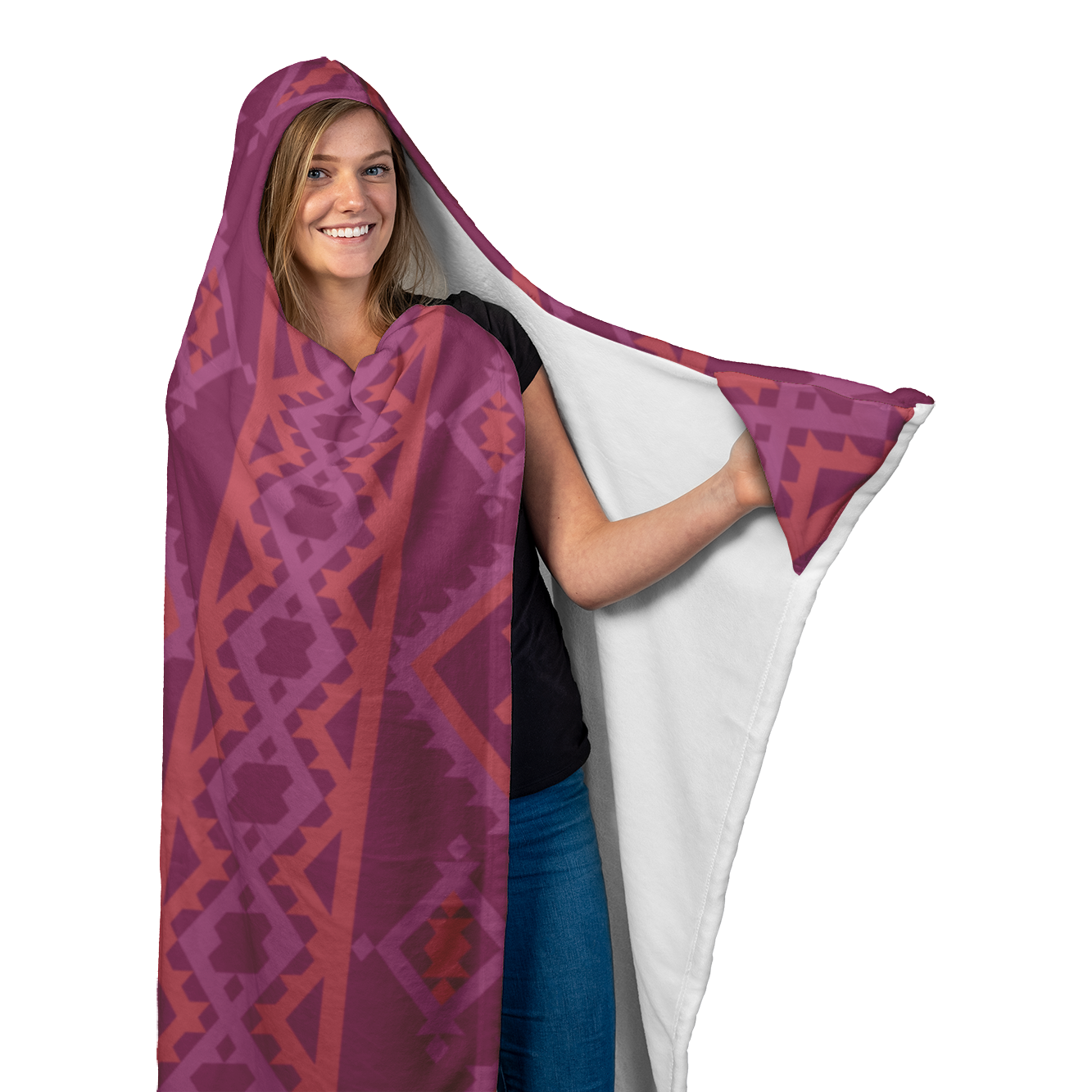 Hooded Microfiber Blanket - Maroon / Orange Pattern