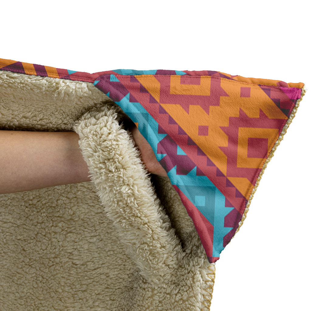 Hooded Microfiber Blanket - Aztec Teal / Orange Pattern