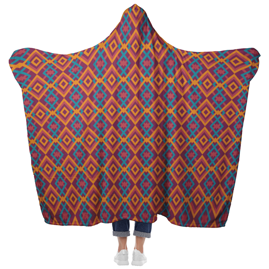 Hooded Microfiber Blanket - Blue / Orange Pattern