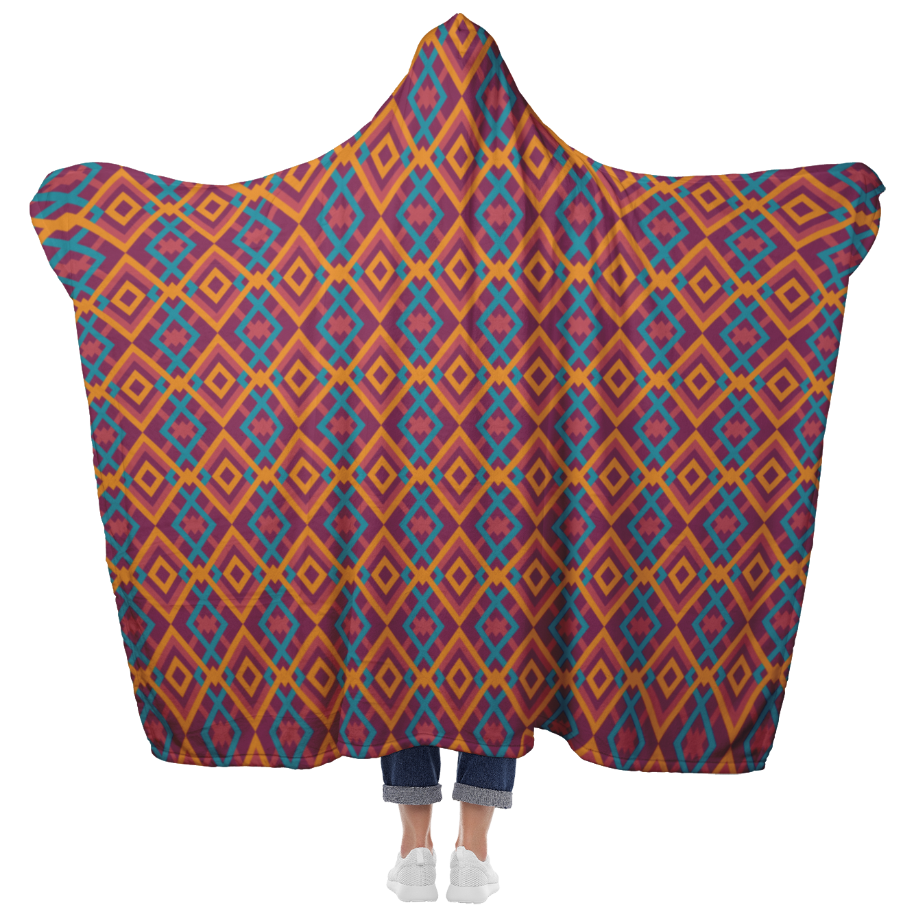 Hooded Microfiber Blanket - Blue / Orange Pattern