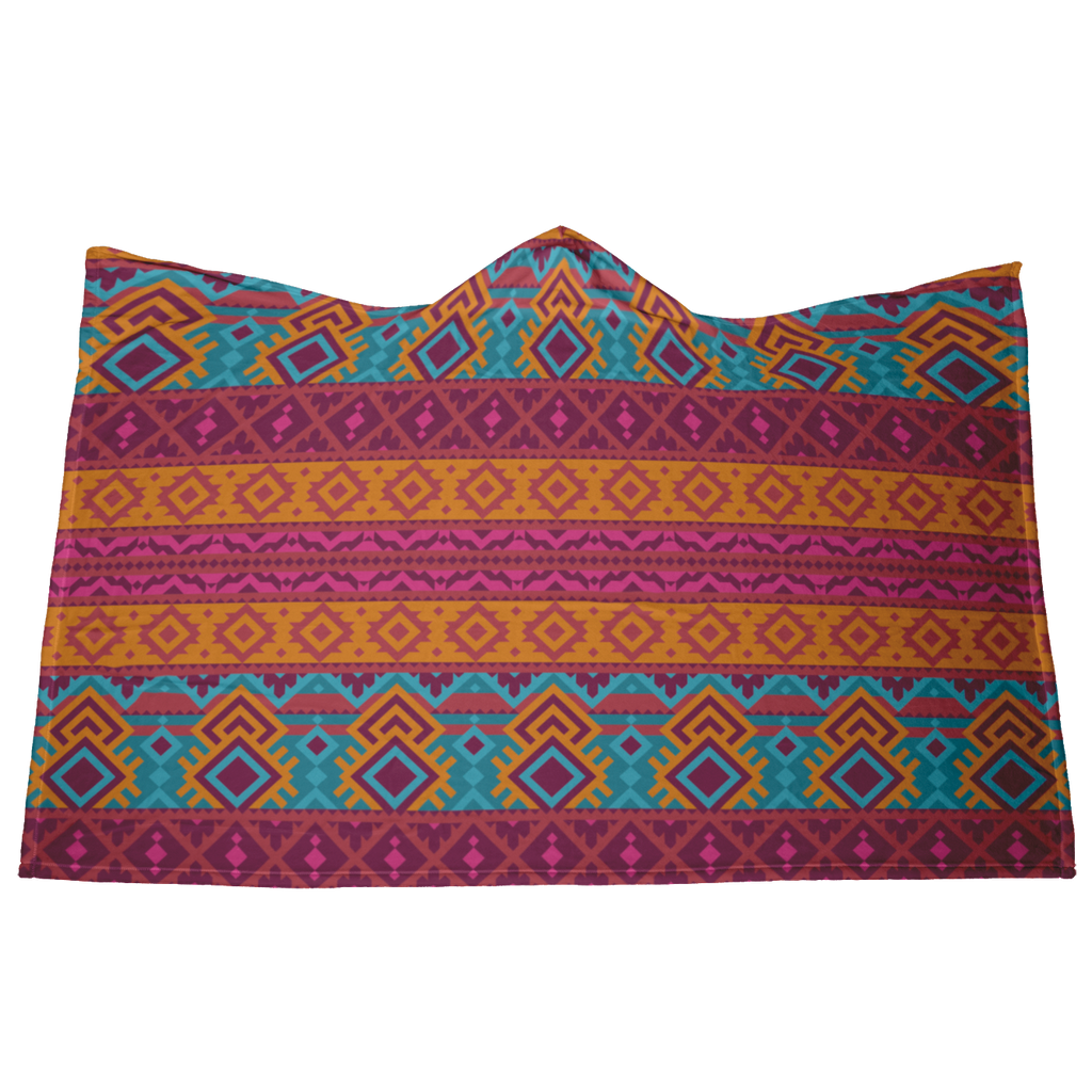 Hooded Microfiber Blanket - Aztec Teal / Orange Pattern