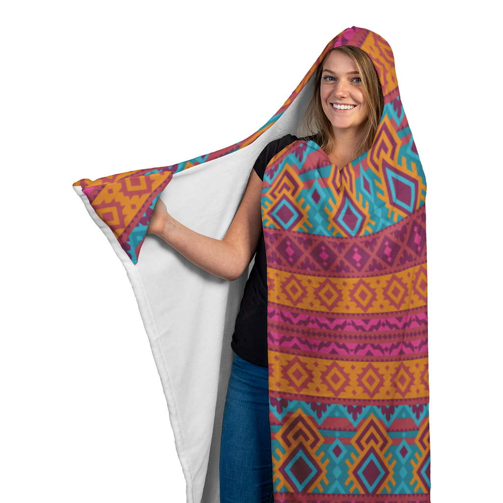 Hooded Microfiber Blanket - Aztec Teal / Orange Pattern