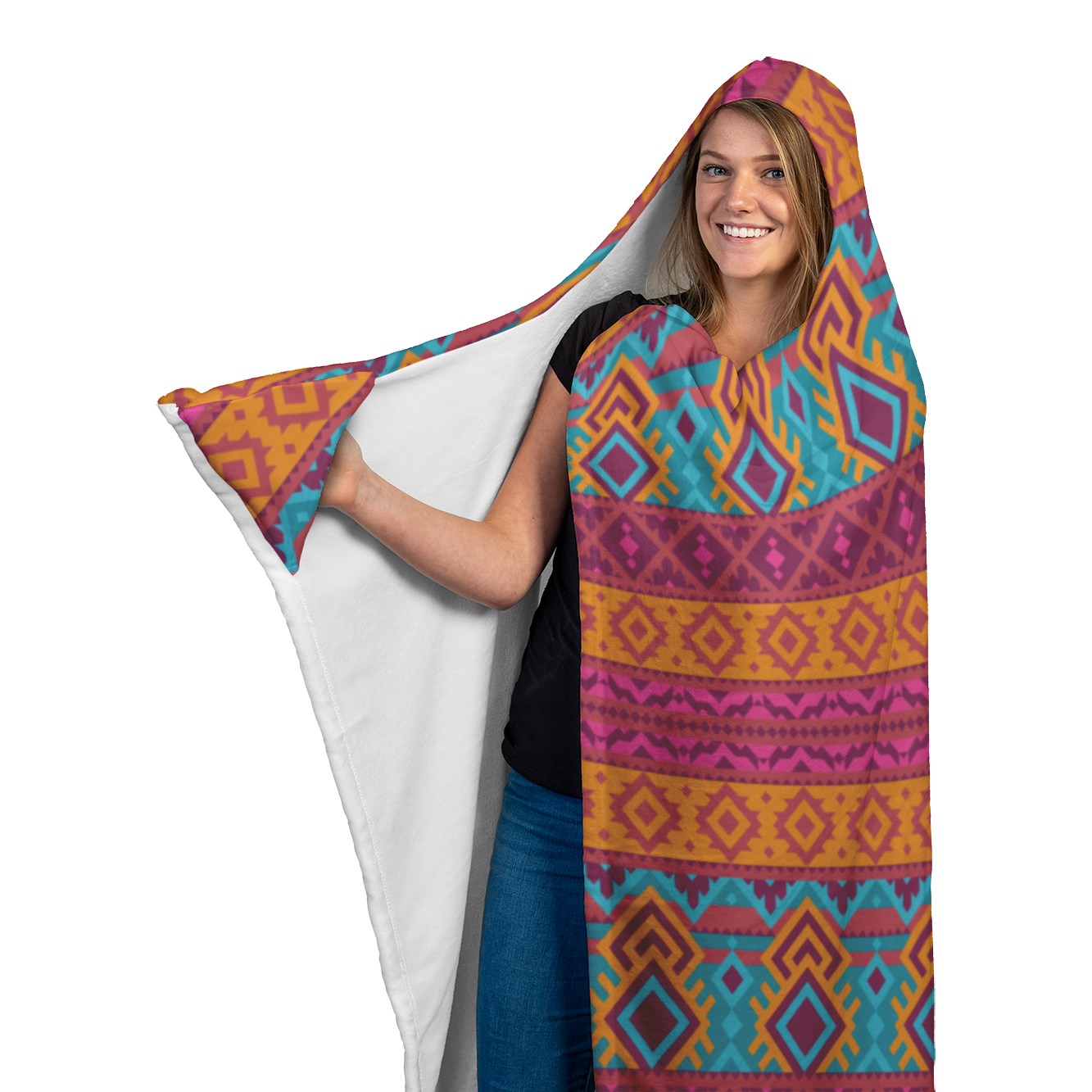 Hooded Microfiber Blanket - Aztec Teal / Orange Pattern