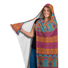 Load image into Gallery viewer, Hooded Microfiber Blanket - Aztec Teal / Orange Pattern

