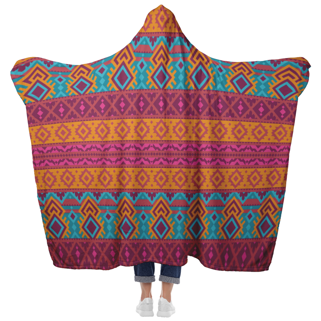 Hooded Microfiber Blanket - Aztec Teal / Orange Pattern