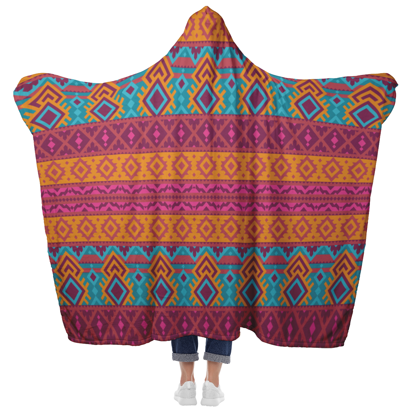 Hooded Microfiber Blanket - Aztec Teal / Orange Pattern