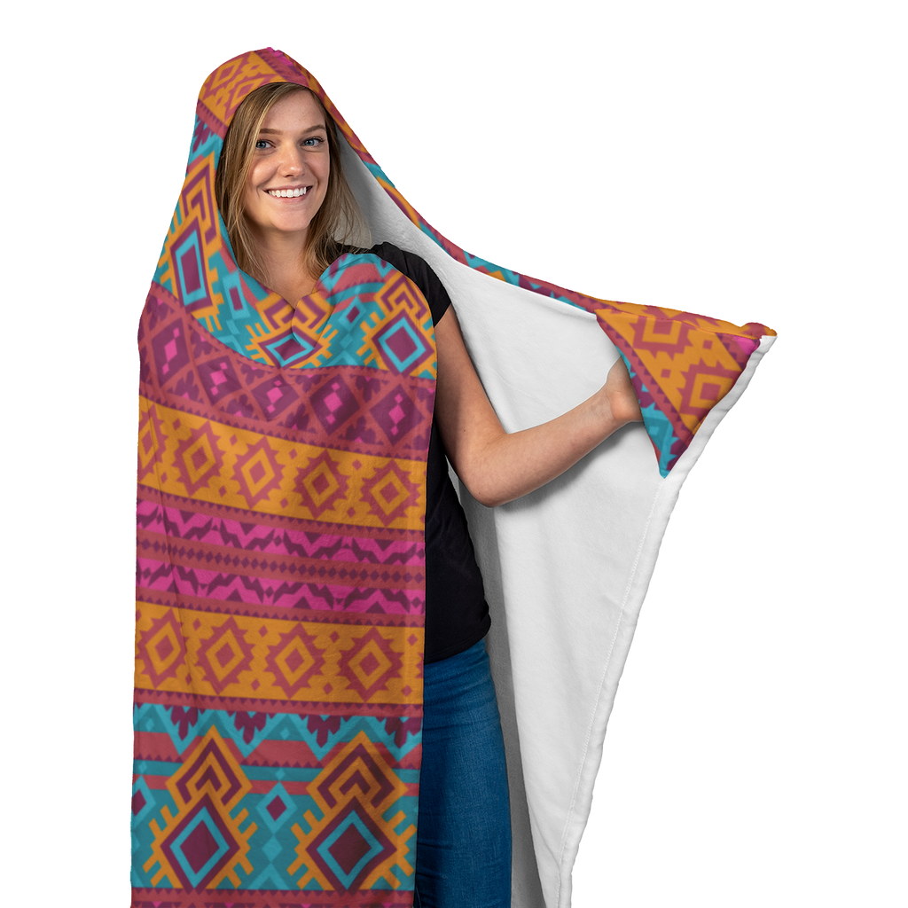 Hooded Microfiber Blanket - Aztec Teal / Orange Pattern