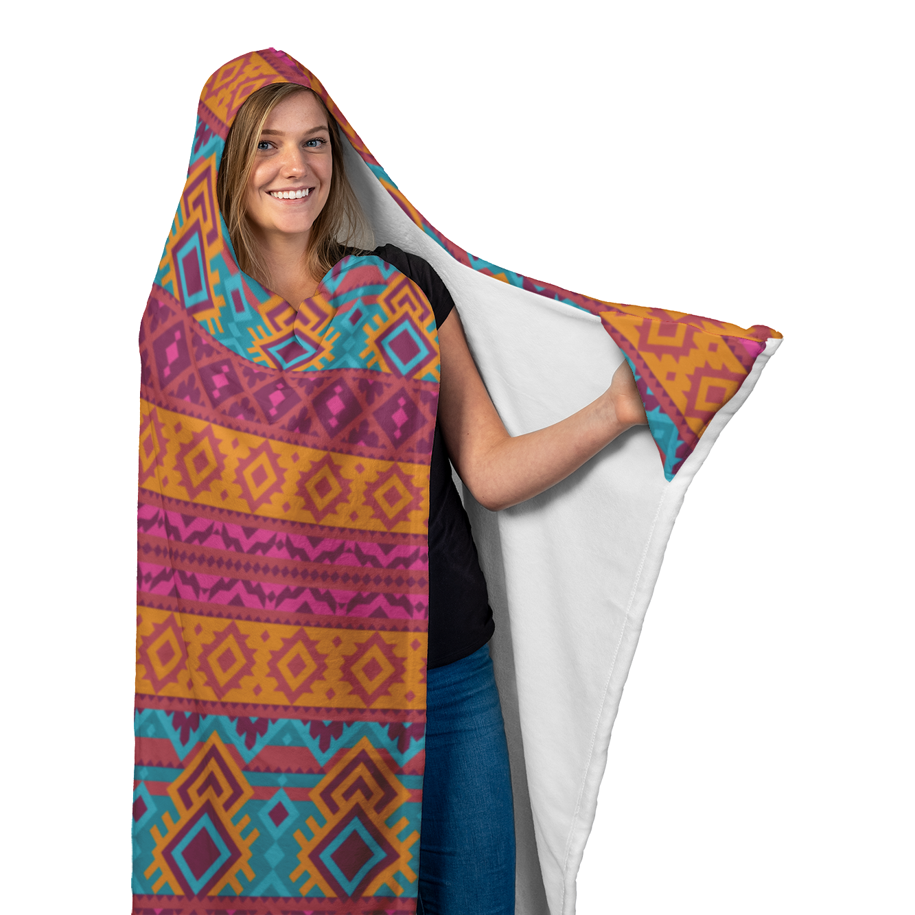 Hooded Microfiber Blanket - Aztec Teal / Orange Pattern