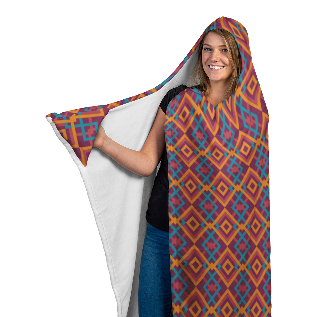 Hooded Microfiber Blanket - Blue / Orange Pattern