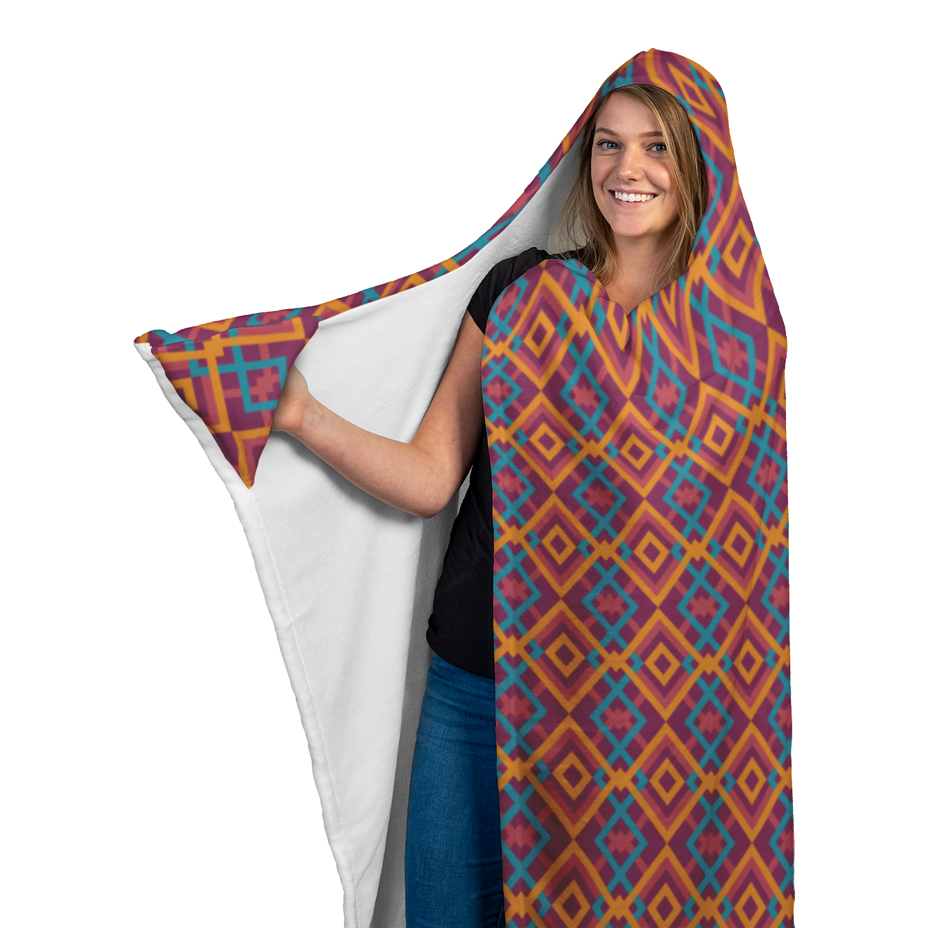 Hooded Microfiber Blanket - Blue / Orange Pattern