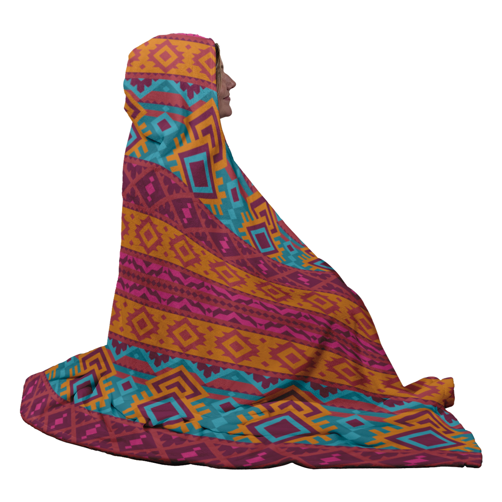 Hooded Microfiber Blanket - Aztec Teal / Orange Pattern