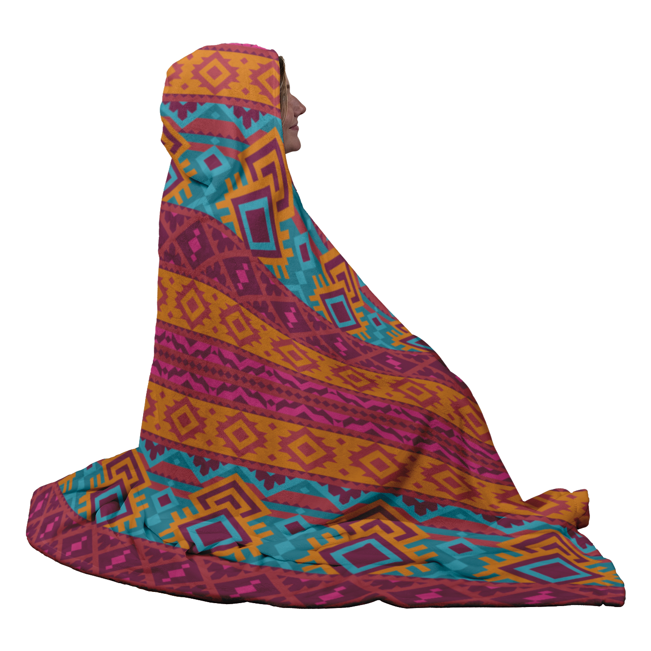 Hooded Microfiber Blanket - Aztec Teal / Orange Pattern